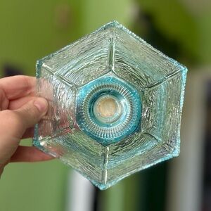 VTG Blue Textured Glass Rustic Candlestick Holder Accent Farm Table Decor